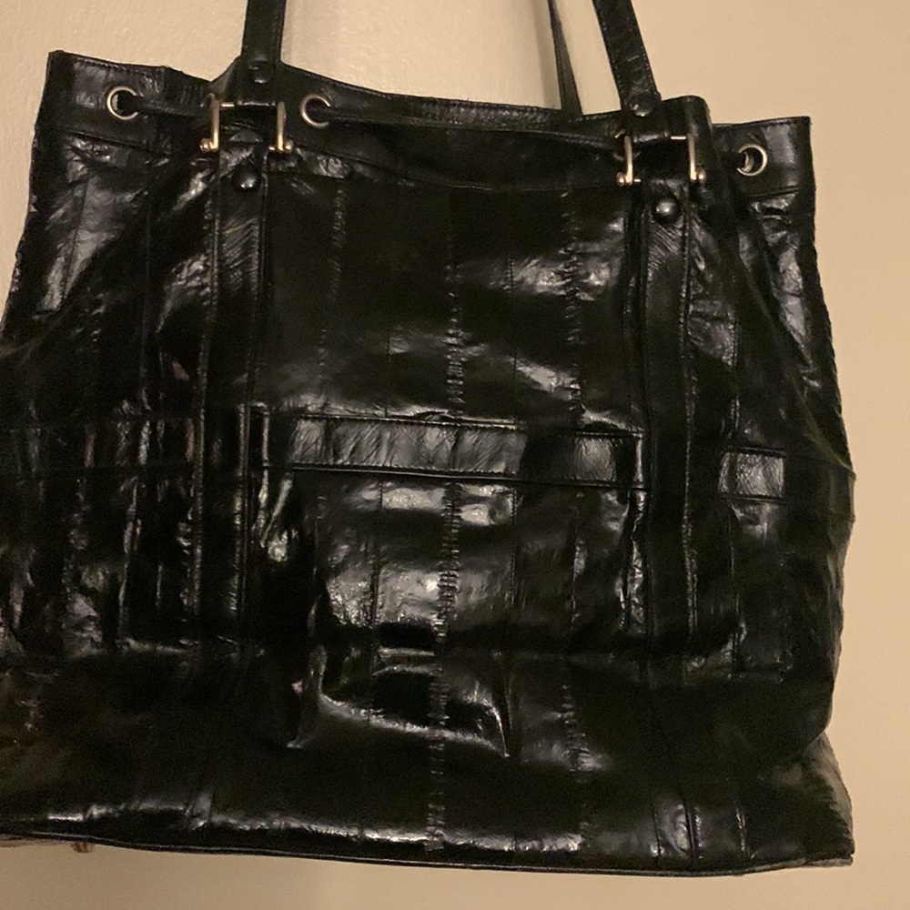 Black Eelskin Drawstring Handbag Double Stand - W… - image 3